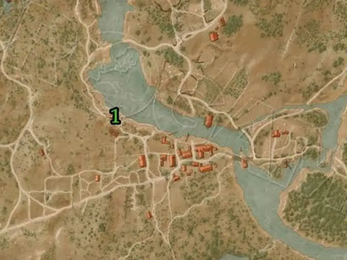 Mapa z gry Wiedźmin 3. Punkt 1 wskazuje lokalizację, która może być kluczowa do zdobycia platyny.