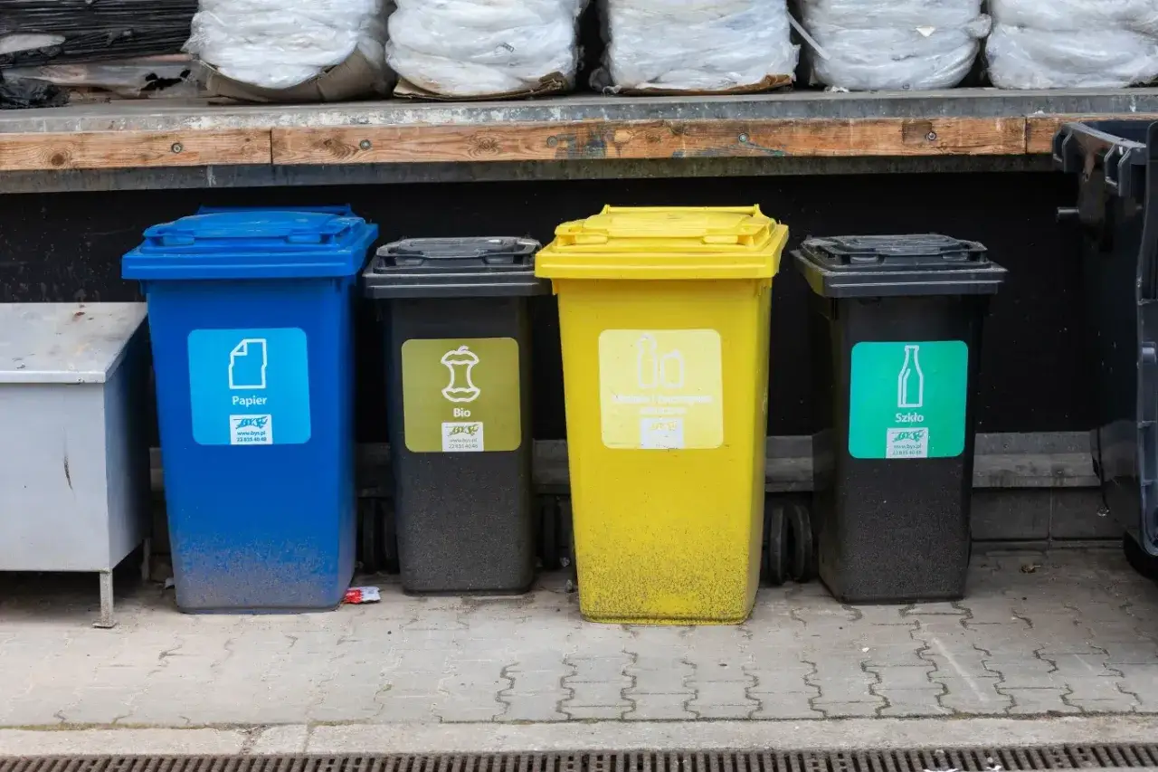 Segregacja odpad&oacute;w: niebieski na papier, ż&oacute;łty na metale i tworzywa, czarny na bio, zielony na szkło. Gdzie wyrzucać przeterminowane kosmetyki? Sprawdź oznaczenia!