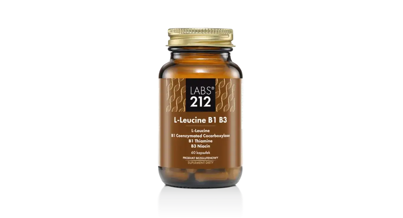 Bursztynowa butelka suplementu diety L-Leucine B1 B3, zawierająca kapsułki. Pomaga zapobiegać leucyna niedobór.