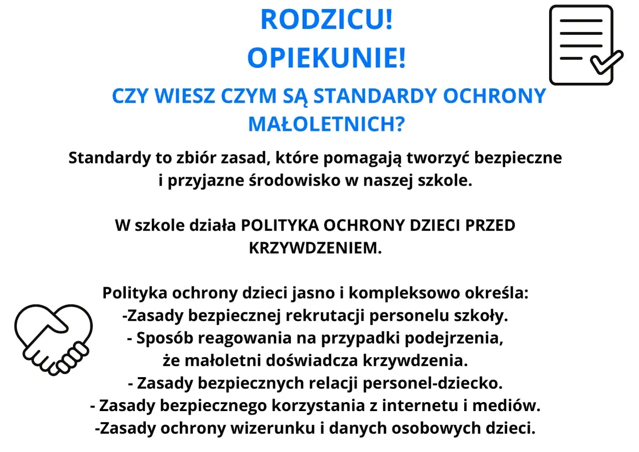 Rodzicu, czy wiesz o standardach ochrony małoletnich? Szkoła ma politykę ochrony dzieci przed krzywdzeniem, zgodną z ustawą o ochronie małoletnich.