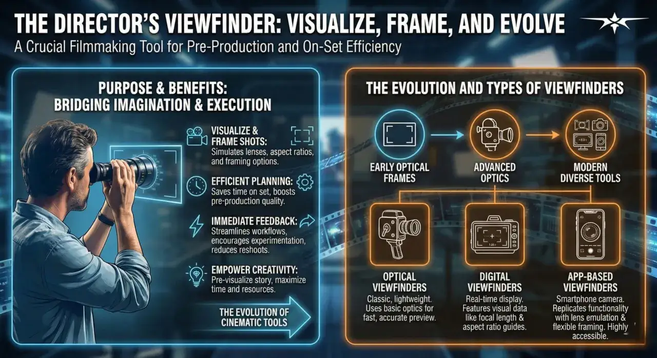 Un r&eacute;alisateur utilise un viseur d'appareil photo pour visualiser et cadrer des plans, illustrant l'&eacute;volution des outils cin&eacute;matographiques.