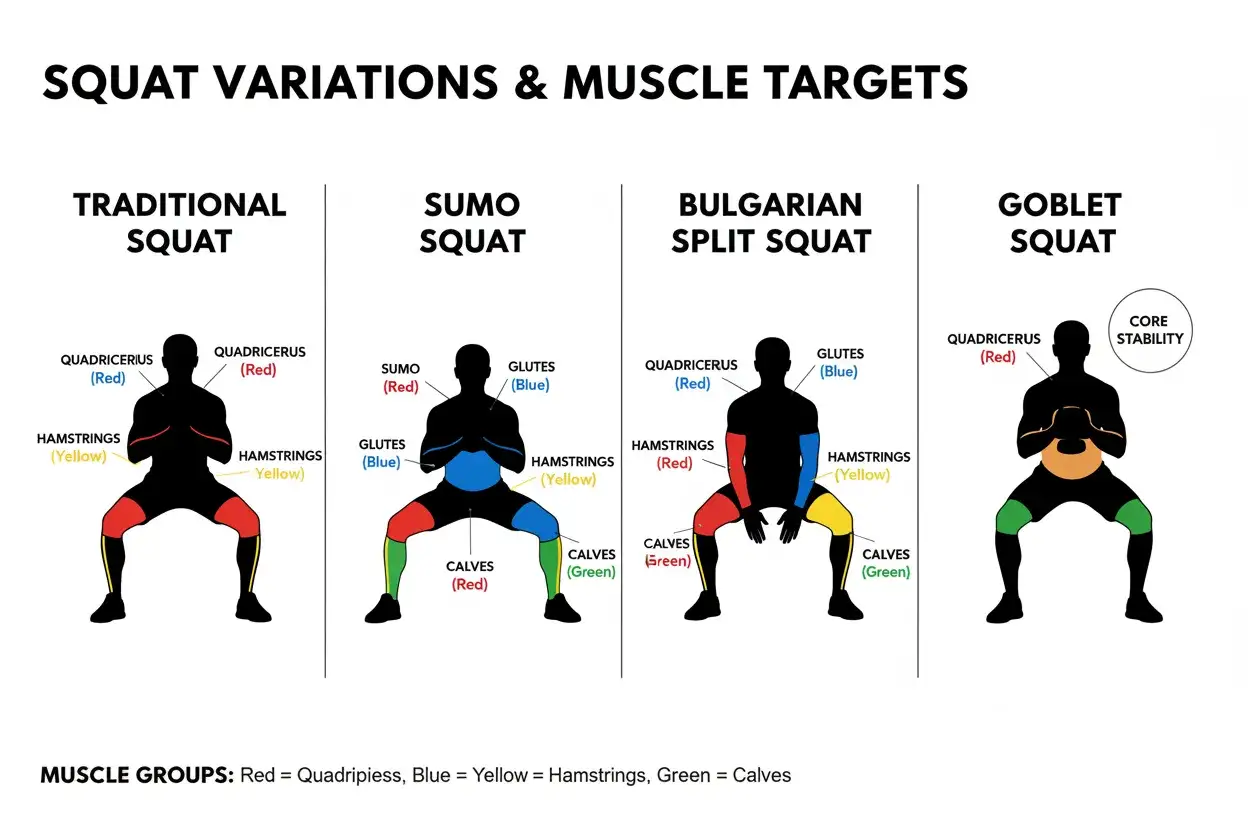 Variations de squat : traditionnel, sumo, fente bulgare, gobelet. Chaque exercice cible le squat muscle sollicité, indiqué par des couleurs.