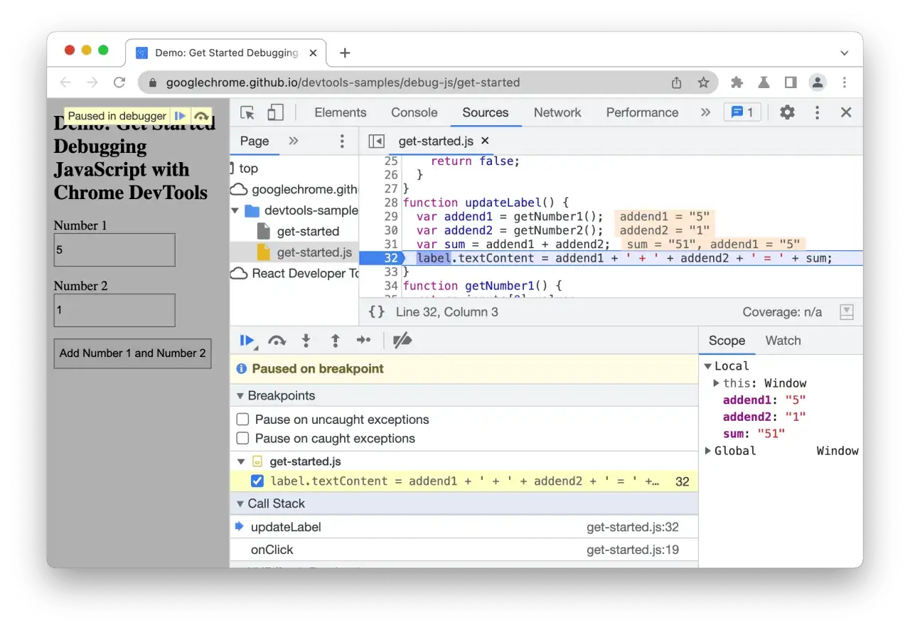 Narzędzia deweloperskie Chrome w akcji: debugowanie JavaScript. Widok kodu z podświetloną linią 32, zmiennymi i panelem 