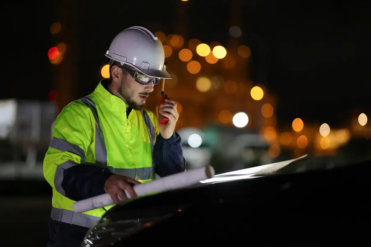 Un ouvrier du b&acirc;timent, en tenue de s&eacute;curit&eacute;, consulte des plans la nuit. Il utilise une radio pour coordonner les &eacute;quipes, g&eacute;rant le contingent d'heures suppl&eacute;mentaires.
