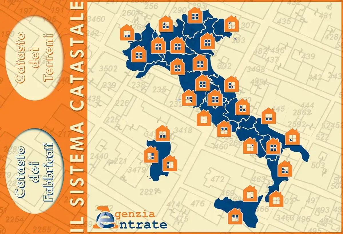 Mappa dell'Italia con icone di case arancioni, che simboleggiano il diritto di accessione e la propriet&agrave; immobiliare.