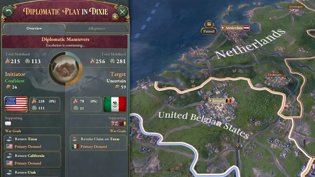 USA vs Meksyk w Hearts of Iron 5. USA chce Texas, Kalifornię i Utah. Meksyk chce cofnąć roszczenie do Texasu.