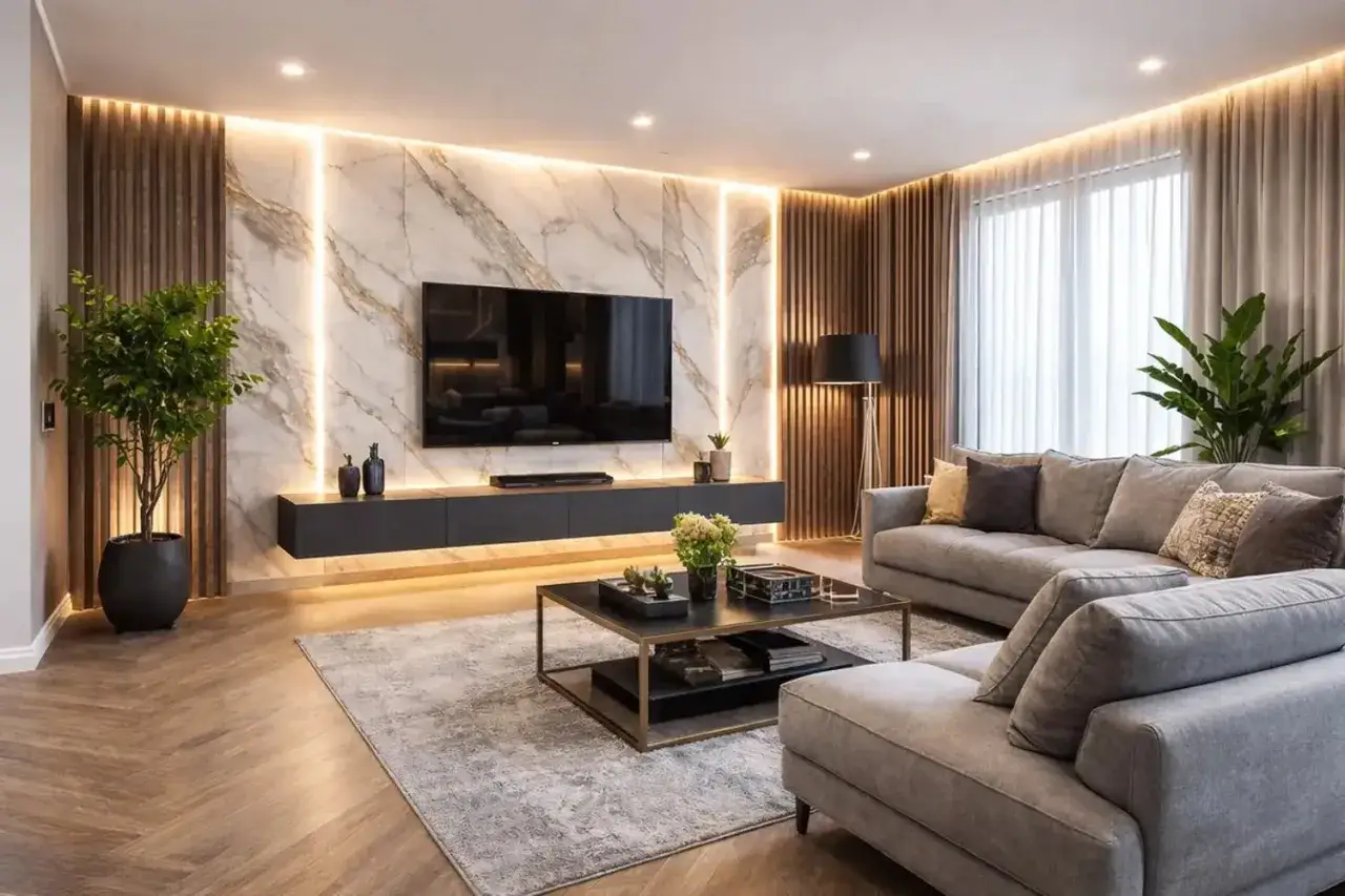 Nowoczesna ściana z TV w salonie inspiracje: marmur, drewno, oświetlenie LED i wygodna sofa tworzą przytulną przestrzeń.