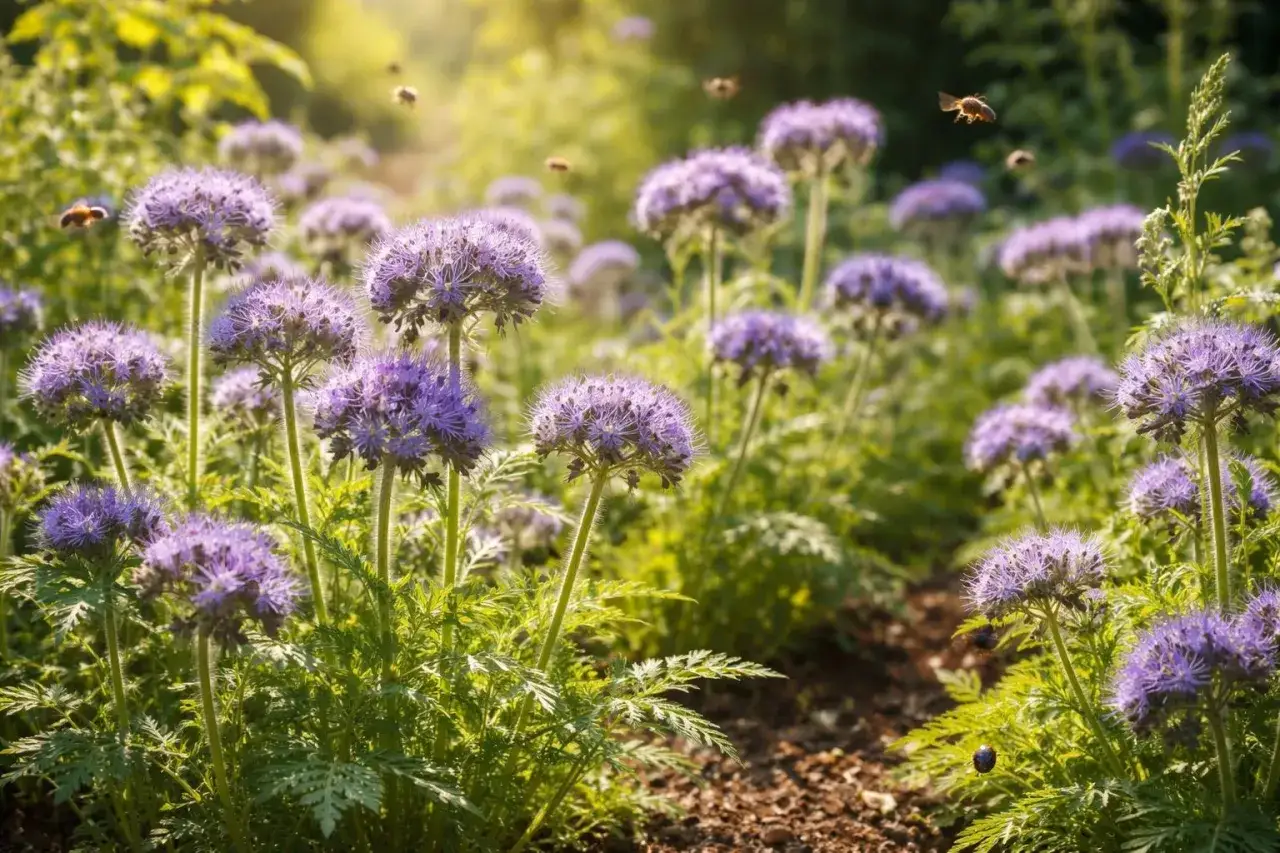 Phacelia-Aussaat: Bienen summen um lila Bl&uuml;tenb&auml;lle im Sonnenlicht. Ein bl&uuml;hendes Paradies f&uuml;r Insekten.