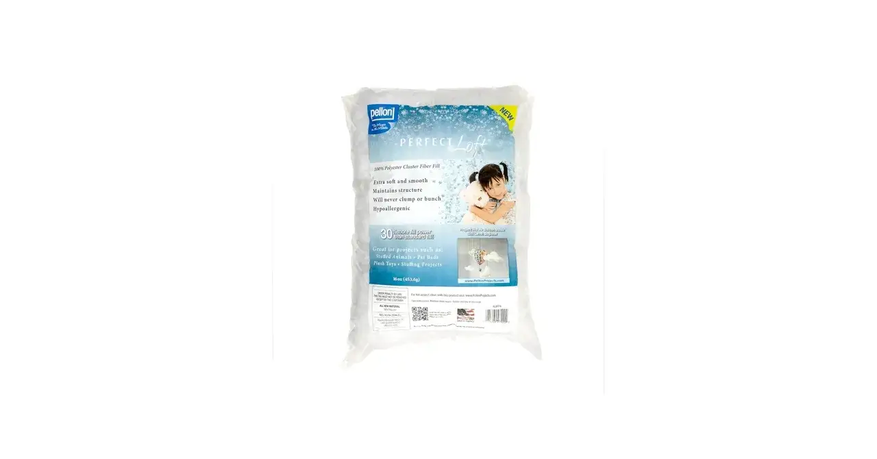 Bag of Pellon Perfect Loft polyester fiber fill. Learn how to wash loose polyfill for crafts like stuffed animals and pet beds.