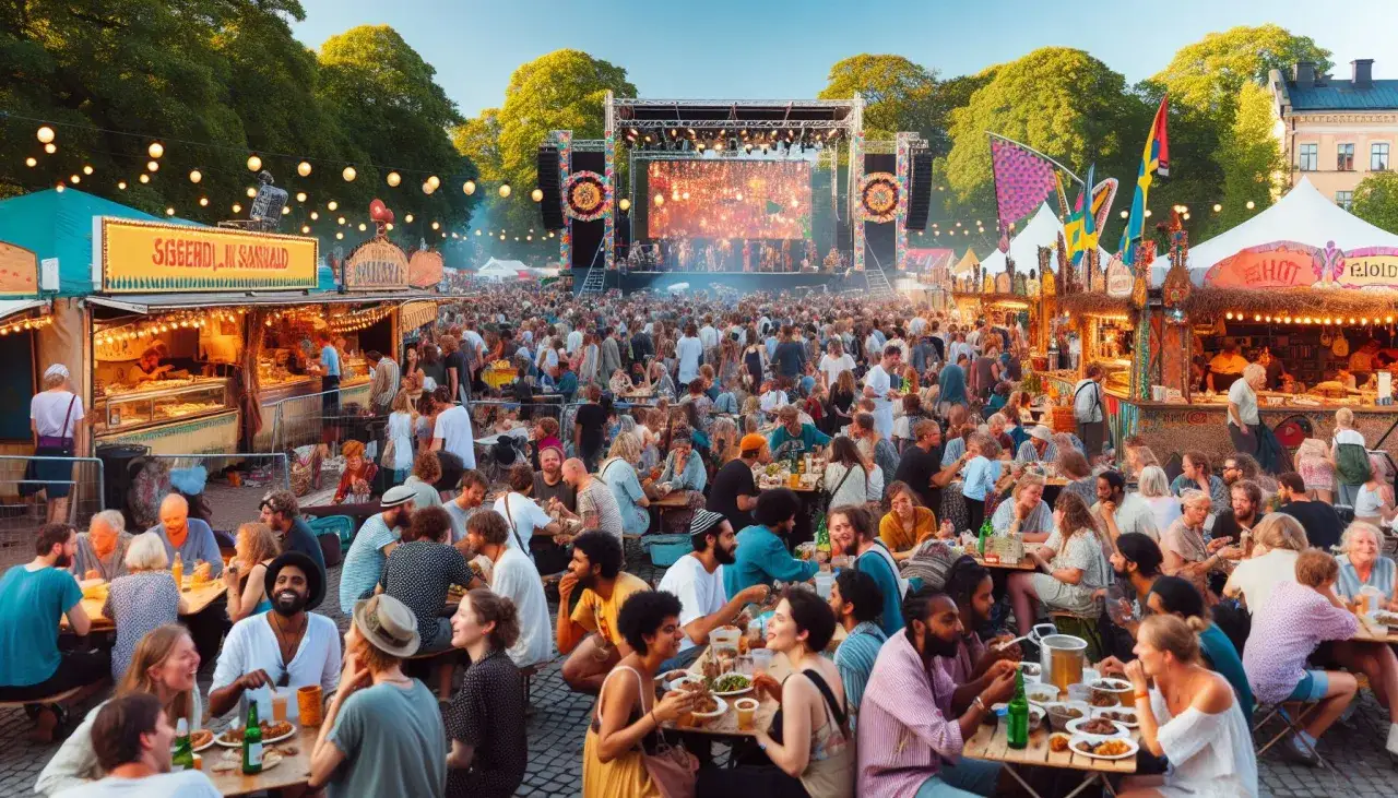 En livlig festival med matstånd, musik och en stor publik. Perfekt för saker att göra i helgen!