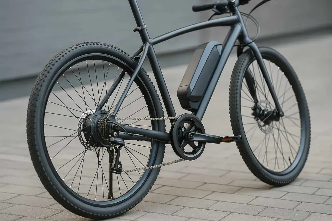Vélo électrique noir avec moteur dans la roue arrière, prêt à débrider pour plus de puissance.