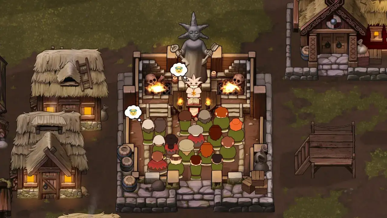 Wioska w grze strategicznej, gdzie mieszkańcy słuchają kazania. Gry podobne do Rimworld często oferują takie widoki.