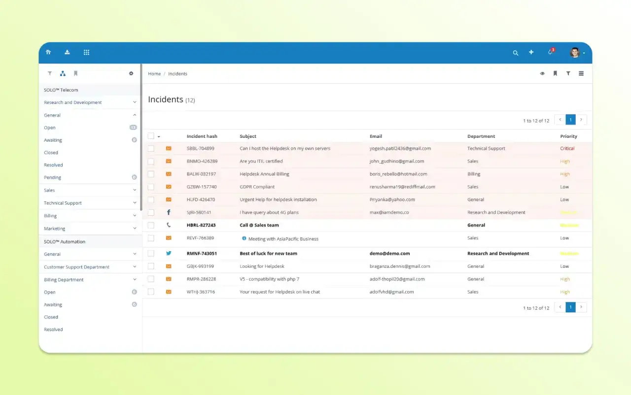 Interface d'un logiciel ticketing gratuit affichant une liste d'incidents avec leurs d&eacute;tails.