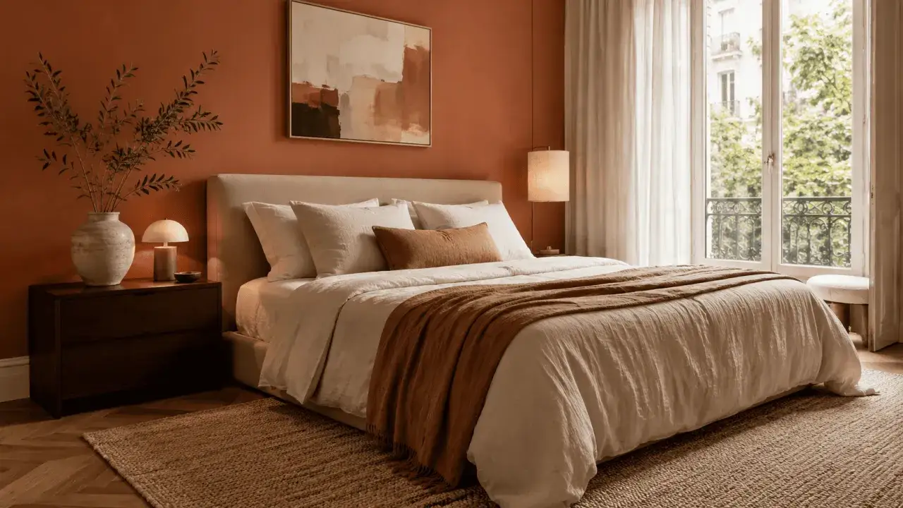 Une chambre parentale chaleureuse avec un lit douillet, des coussins texturés et une couverture en terracotta. La peinture murale ocre et le tableau abstrait complètent cette déco.