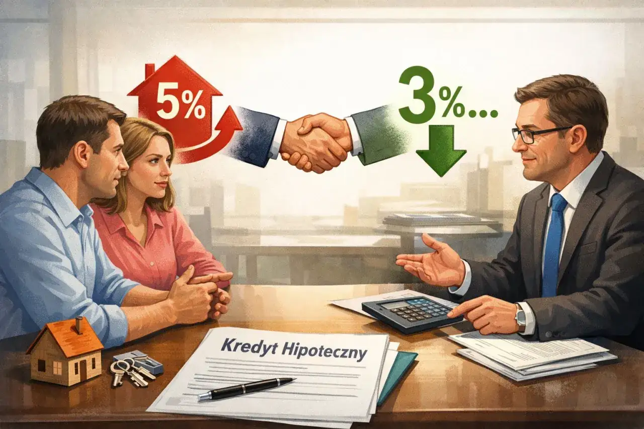 Para omawia z doradcą kredyt hipoteczny. Uścisk dłoni symbolizuje udaną restrukturyzację i obniżenie oprocentowania z 5% do 3%.