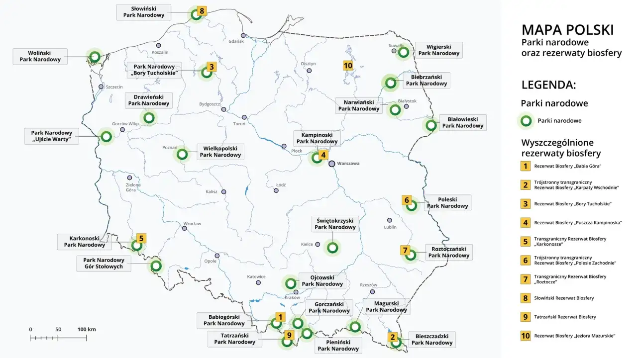 Mapa Polski z zaznaczonymi najpiękniejszymi rezerwatami przyrody i parkami narodowymi.