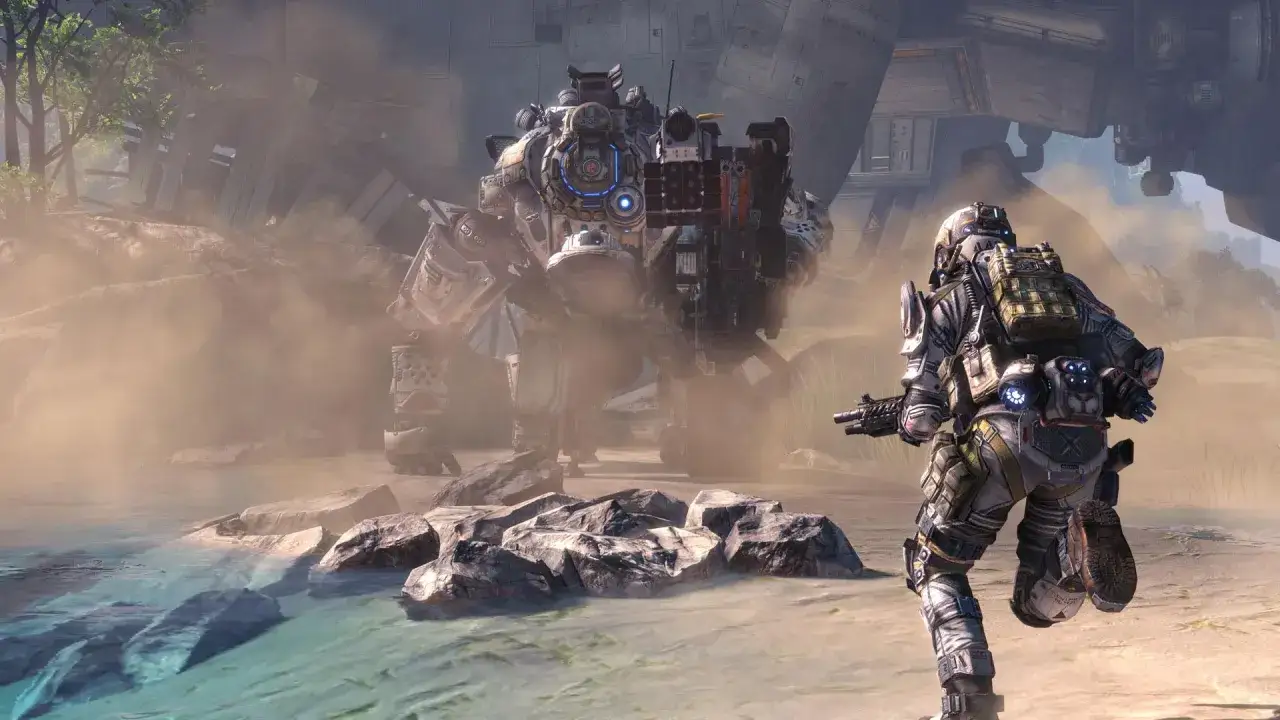 Pilot w zbroi biegnie w stronę ogromnego Titana. Zapowiada się epicka walka w stylu Titanfall 3.