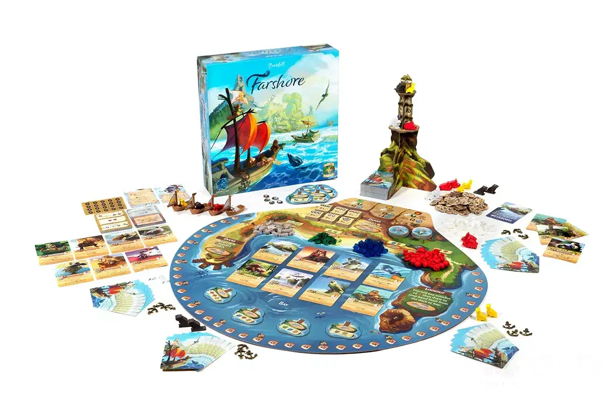 Plansza do gry Everdell Farshore z kartami, żetonami i miniaturkami statków.