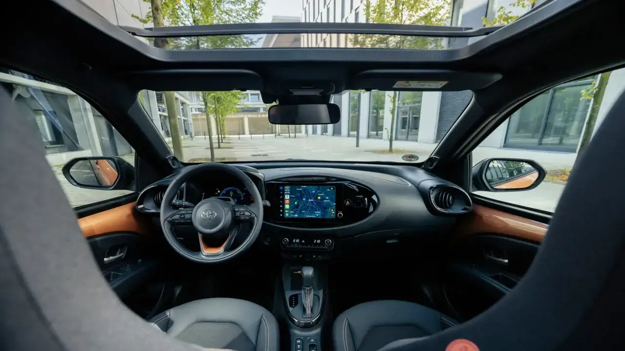 Wnętrze Toyoty Aygo X z panoramicznym dachem. Widok na deskę rozdzielczą z ekranem multimedialnym i kierownicą. Sprawdź atrakcyjną toyota aygo x cena!
