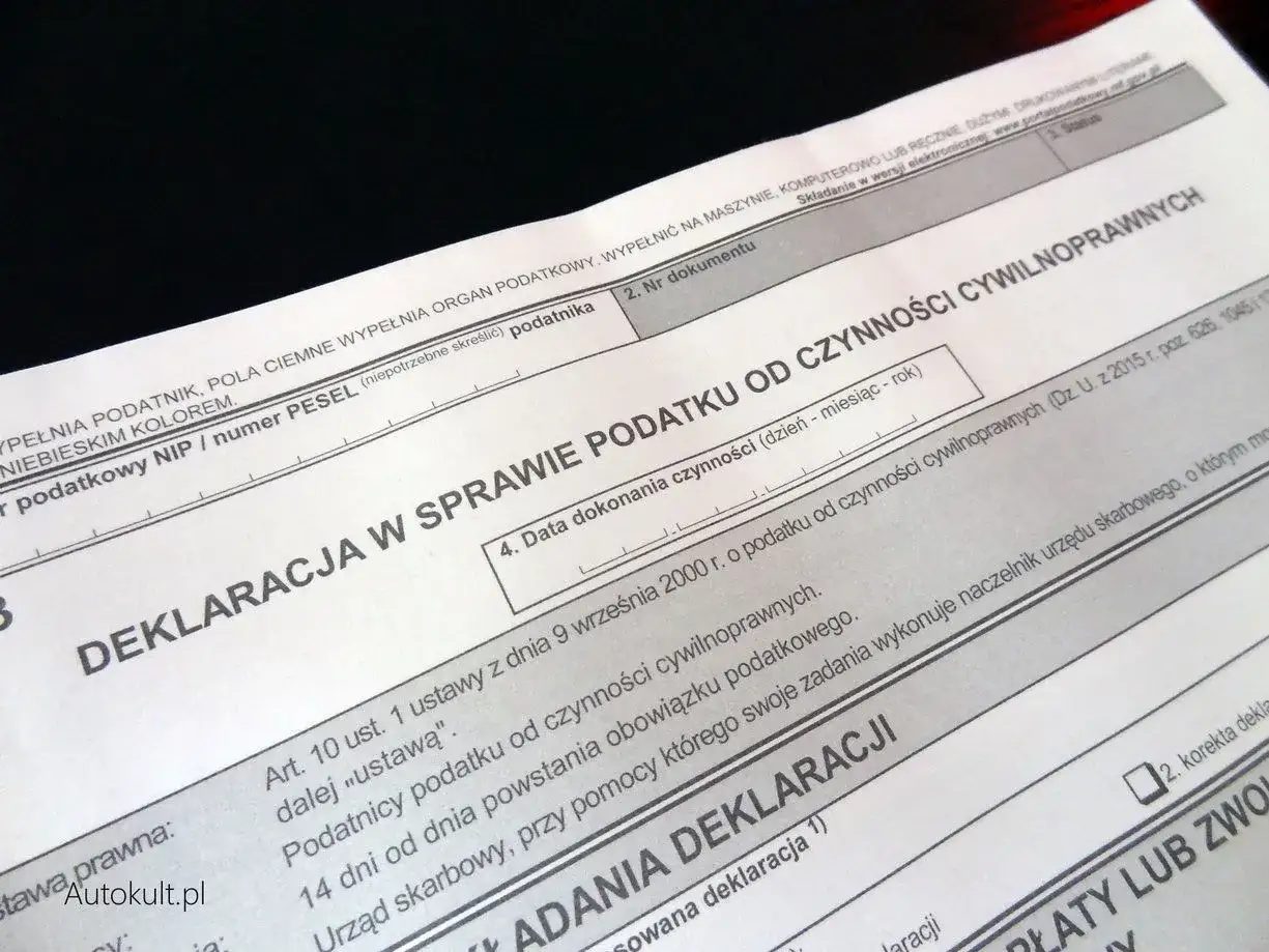 Deklaracja PCC od zakupu motocykla. Wypełniony formularz podatkowy dotyczący podatku od czynności cywilnoprawnych.