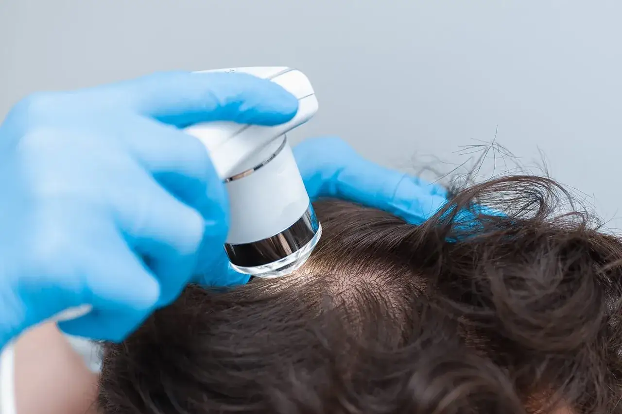 Ärzte untersuchen mit einem Gerät die Kopfhaut, um die Ursachen für Haarausfall bei Frauen zu finden und wirkliche Hilfe anzubieten.