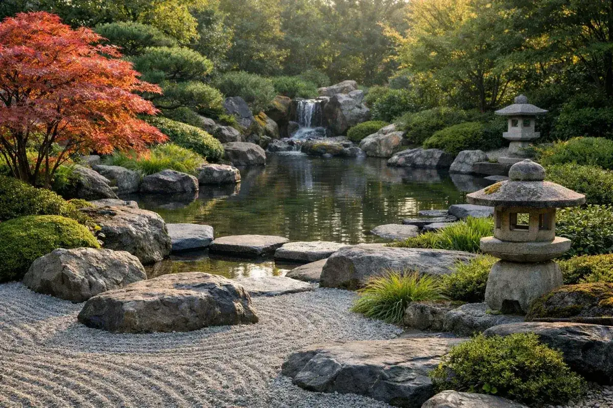 Un paisible petit jardin japonais avec un &eacute;tang, une cascade, des lanternes en pierre et un &eacute;rable aux feuilles rouges flamboyantes.