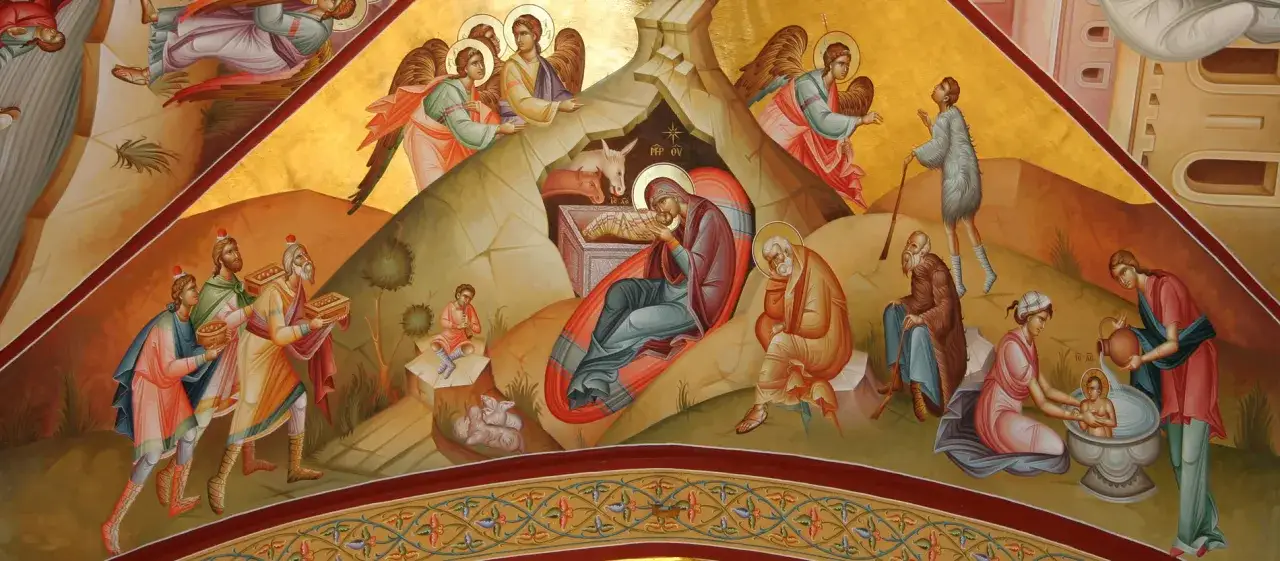Die Geburt Jesu mit Maria, Josef (wer ist der Vater von Jesus?) und den Heiligen Drei Königen. Engel verkünden die frohe Botschaft.