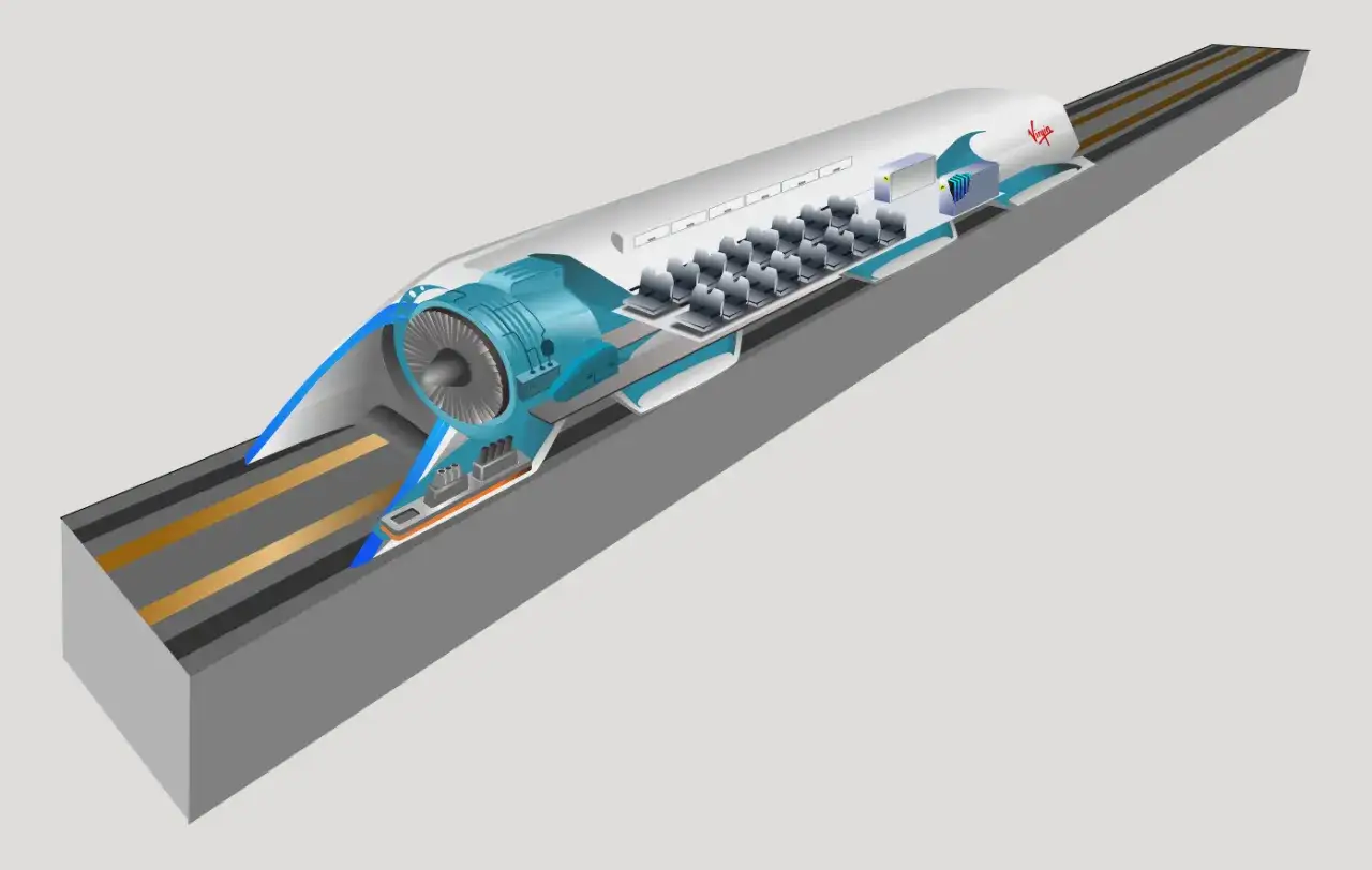Przekrój kapsuły hyperloop z siedzeniami i silnikiem odrzutowym, gotowej do podróży z prędkością dźwięku.