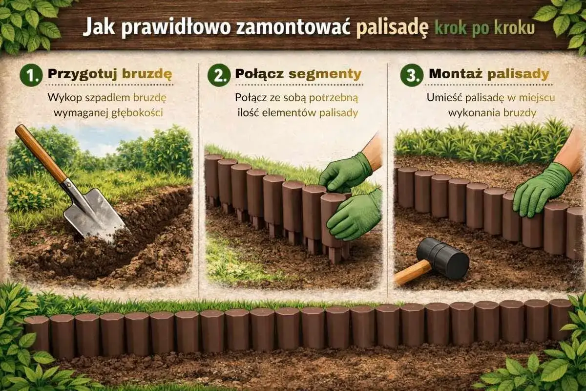 Instrukcja montażu palisady ogrodowej: wykop bruzdę, połącz segmenty i umieść palisadę w ziemi.