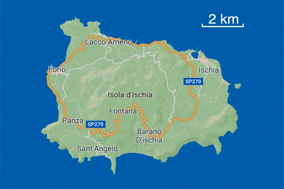 Mappa dell'isola d'Ischia, una delle isole di Napoli da visitare, con indicati i centri abitati come Forio, Ischia e Sant'Angelo.