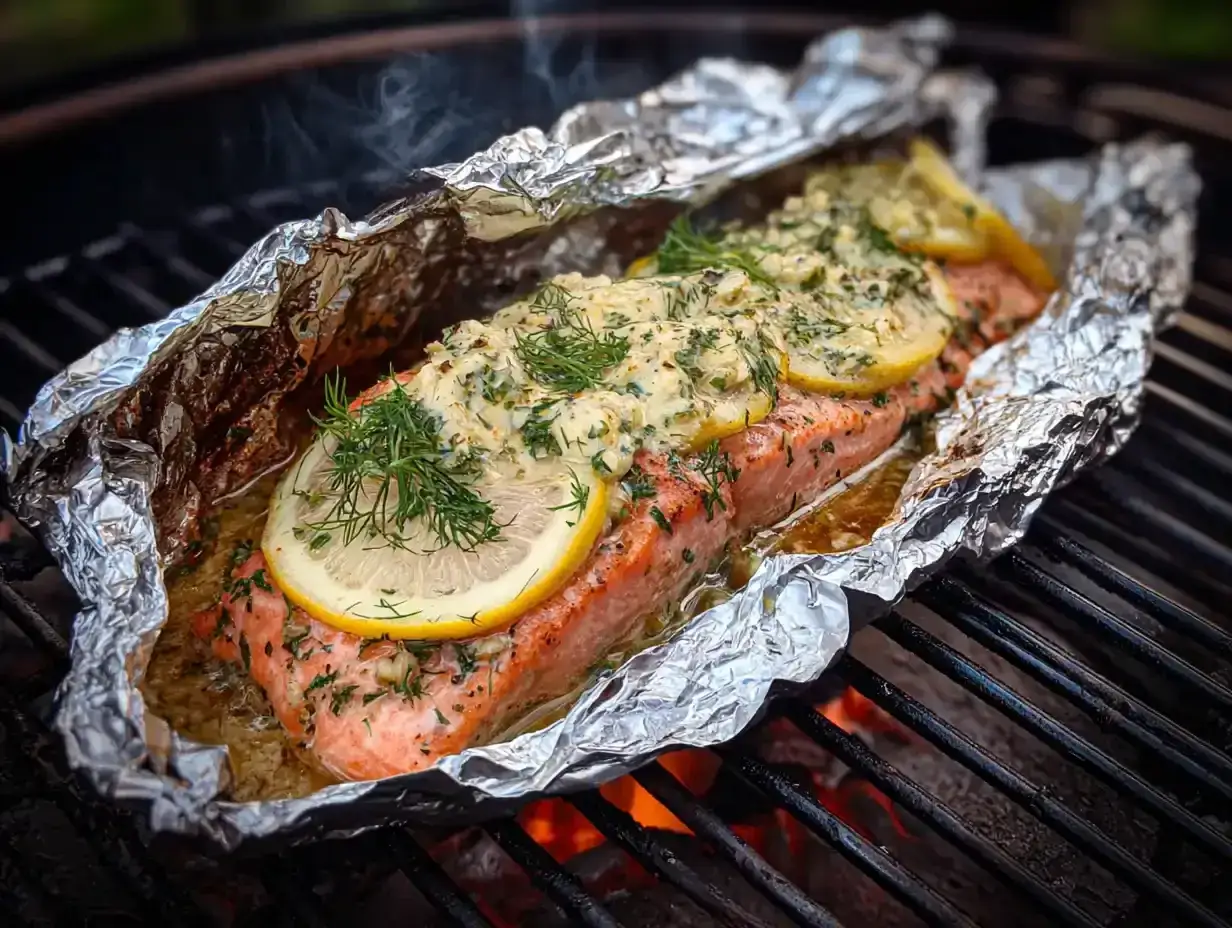 Lax i folie med citron och dill på grillen. Ångande och saftig, redo att serveras.