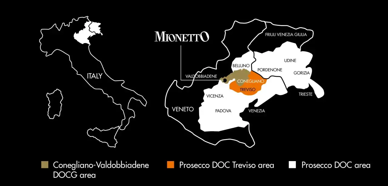 Karte des Prosecco-Gebiets Italien: Hervorgehoben sind die DOCG-Zone Conegliano-Valdobbiadene und die Prosecco DOC Treviso-Zone.