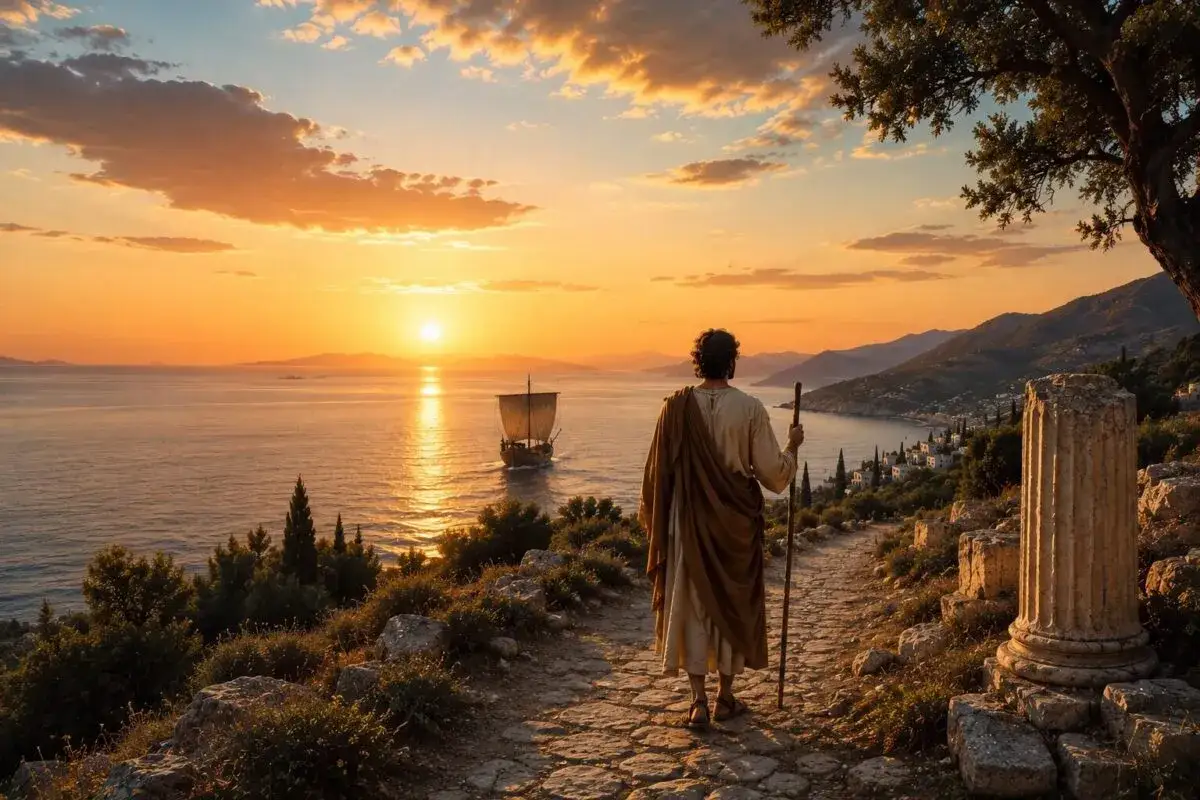 Un uomo con bastone osserva un veliero al tramonto, un paesaggio che evoca la poesia di Itaca e il ritorno a casa.