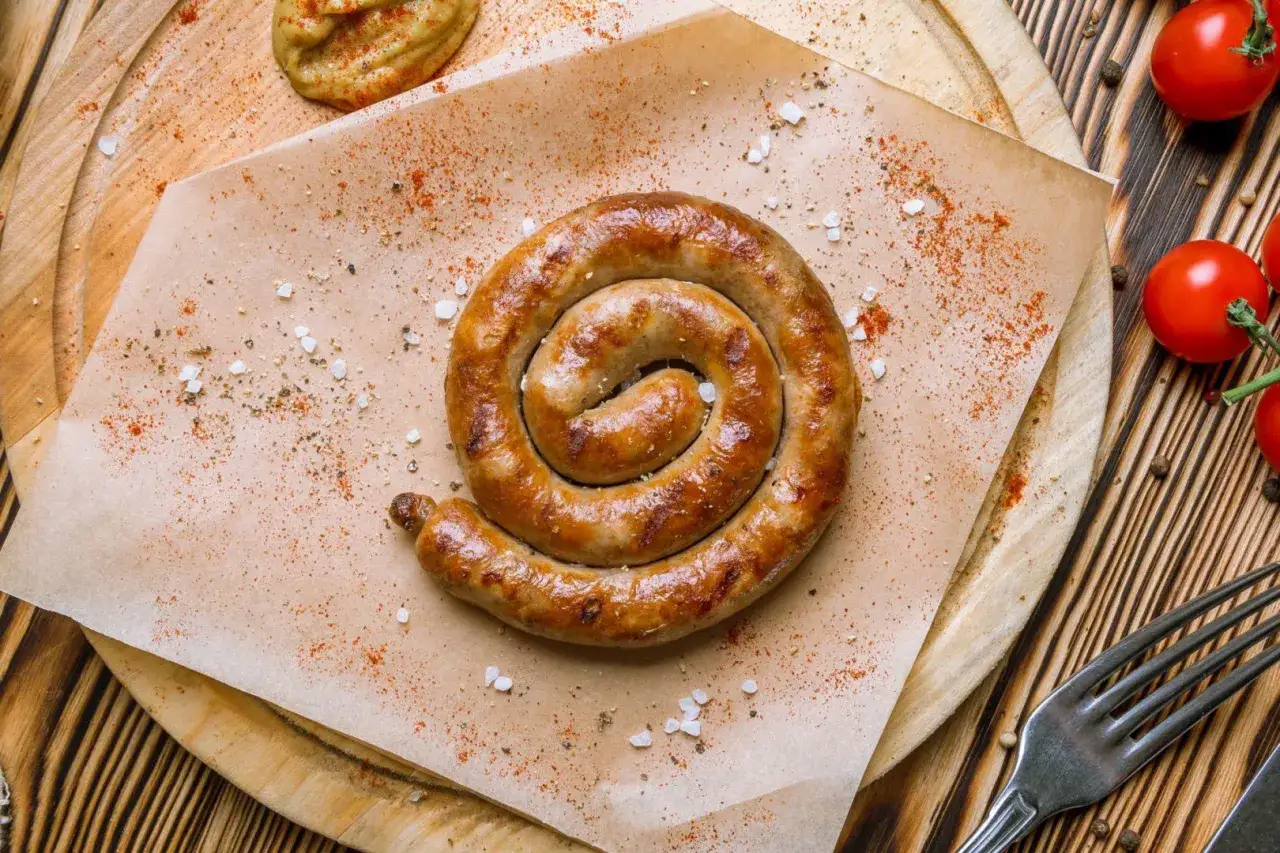 Apetyczna kiszka ziemniaczana w kształcie spirali, posypana papryką i solą, podana na papierze na drewnianej desce.