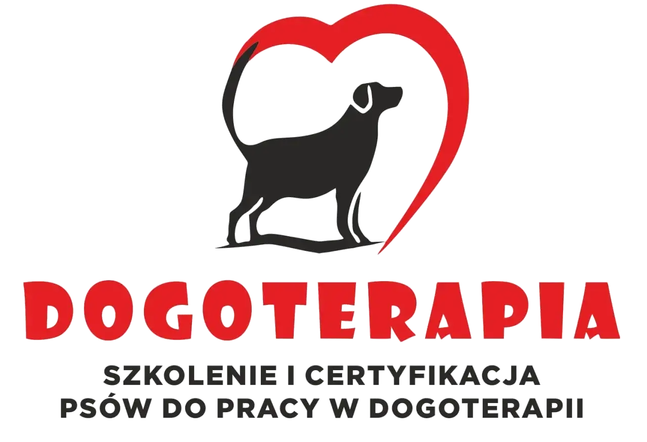 Logo z psem i sercem, symbolizujące dogoterapię. Szkolenie i certyfikacja ps&oacute;w do pracy w dogoterapii.