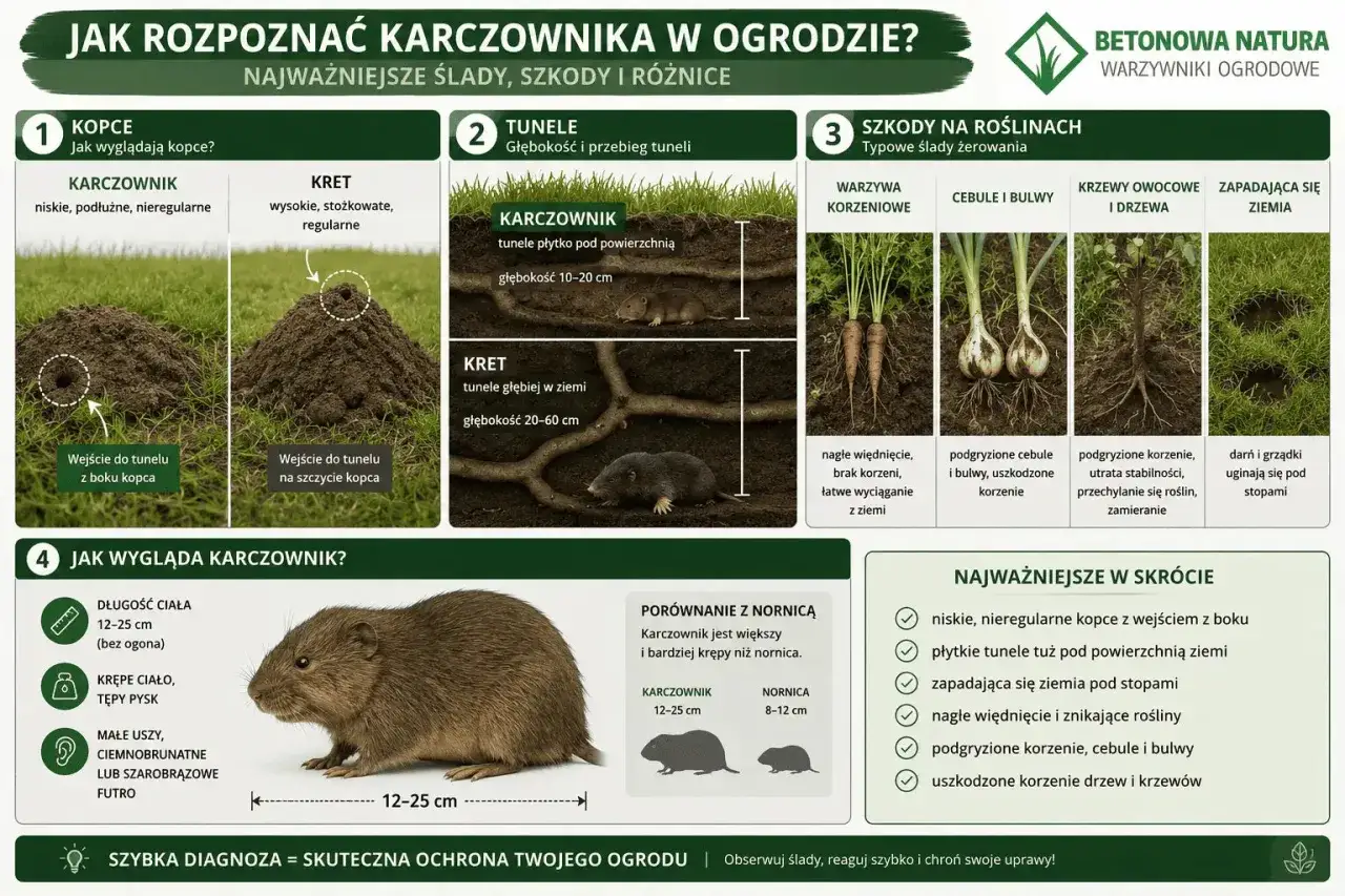 Nieregularne kopce i płytkie tunele to ślady karczownika. Zwierzę podgryza korzenie, cebule i bulwy, powodując więdnięcie roślin.