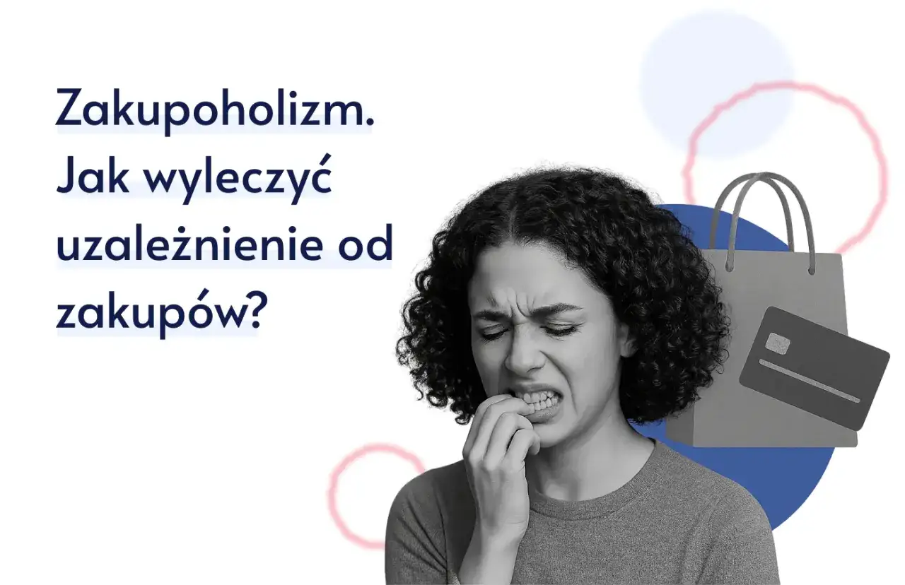 Zmartwiona kobieta gryzie paznokcie. Obok torba na zakupy i karta kredytowa. Czy to test na zakupoholizm?