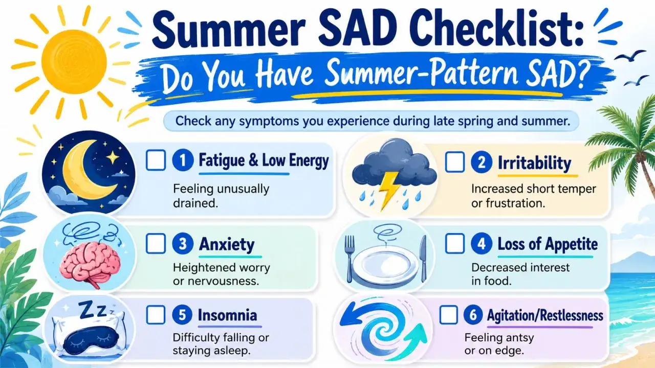 Checklist per la depressione estiva: sintomi come affaticamento, irritabilità, ansia, insonnia. Scopri i rimedi per il SAD estivo.