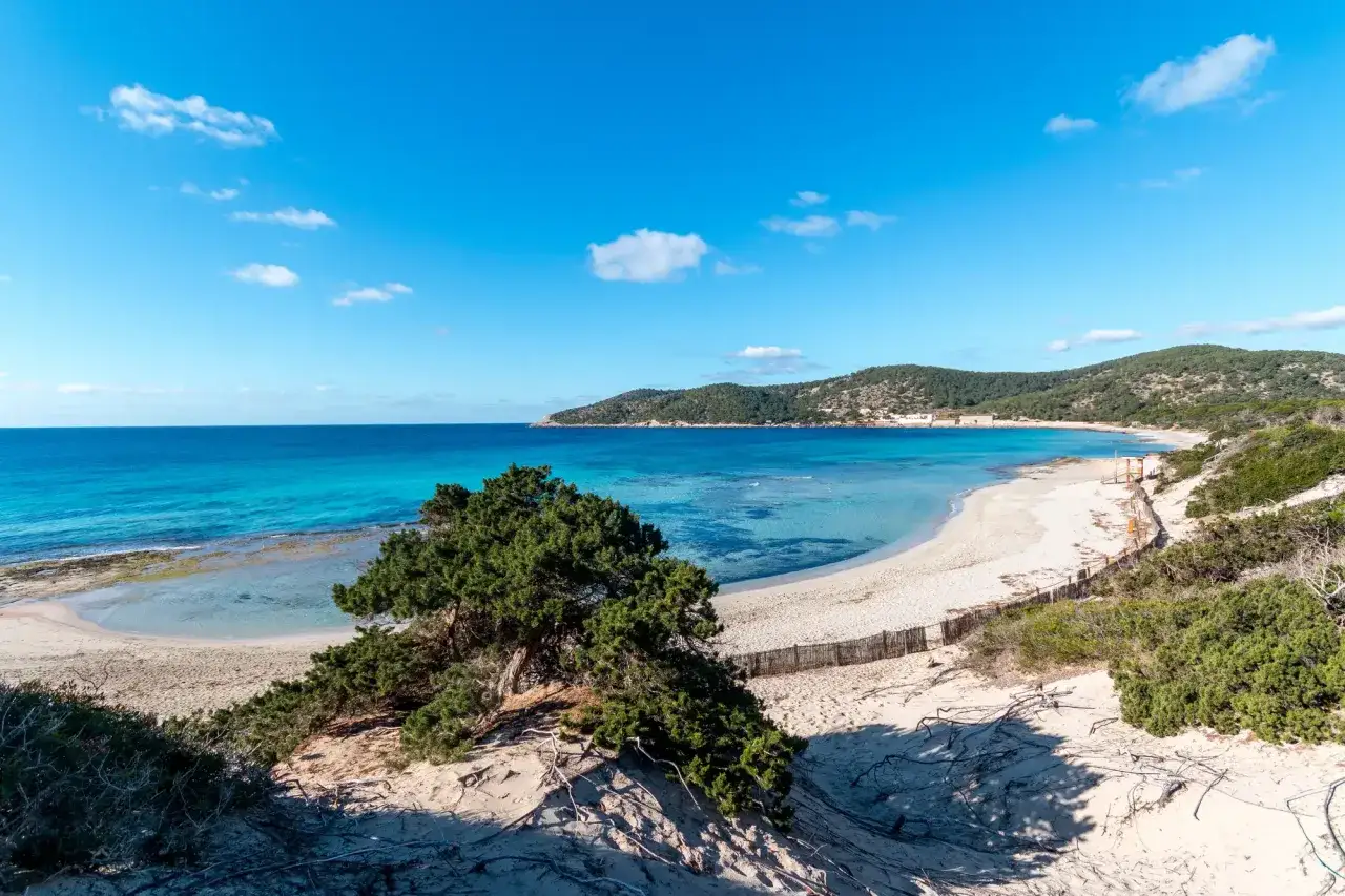Vista de la cala salinas con aguas turquesas, arena blanca y vegetación mediterránea bajo un cielo azul con nubes.