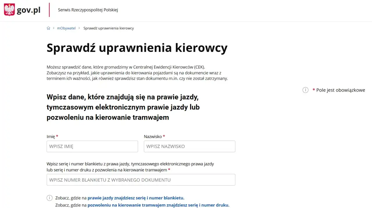 Formularz do sprawdzenia, jak sprawdzić czy ktoś ma zabrane prawo jazdy. Wpisz dane, by zweryfikować uprawnienia.