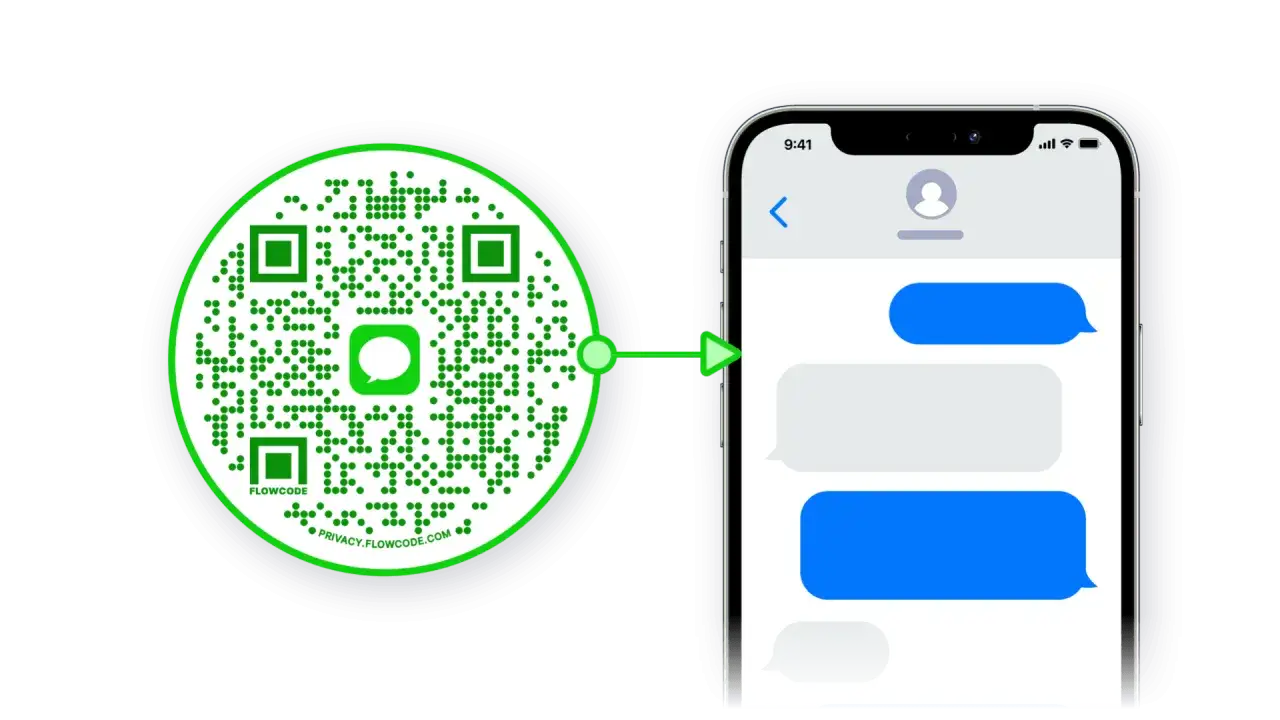 Zielony kod QR z ikoną czatu, wskazujący na ekran telefonu z wiadomościami. Gdzie jest kod QR w telefonie? Tutaj!