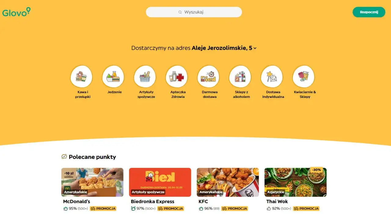 Na stronie Glovo widzisz ikony kategorii: kawa, jedzenie, artykuły spożywcze, apteka, darmowa dostawa, alkohol, dostawa indywidualna, kwiaciarnie. Promocje na McDonald's, Biedronka Express, KFC, Thai Wok. Sprawdź prowizję Glovo!