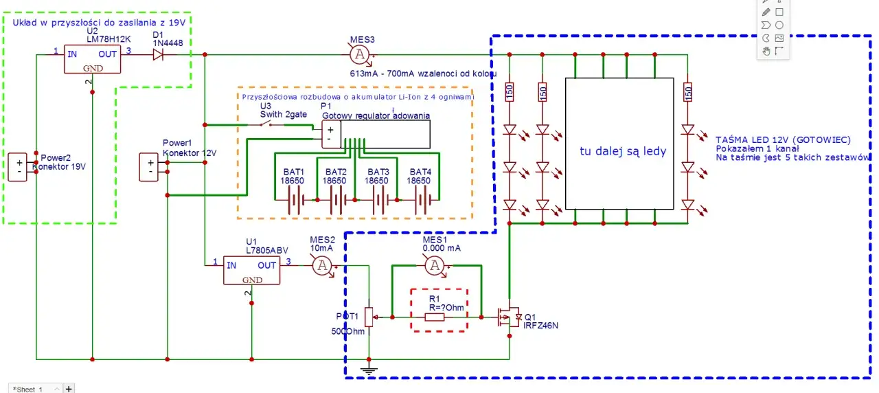 Schemat zasilania z 19V, regulatora napięcia i taśmy LED. Lampa led słabo świeci, bo prąd jest ograniczony.