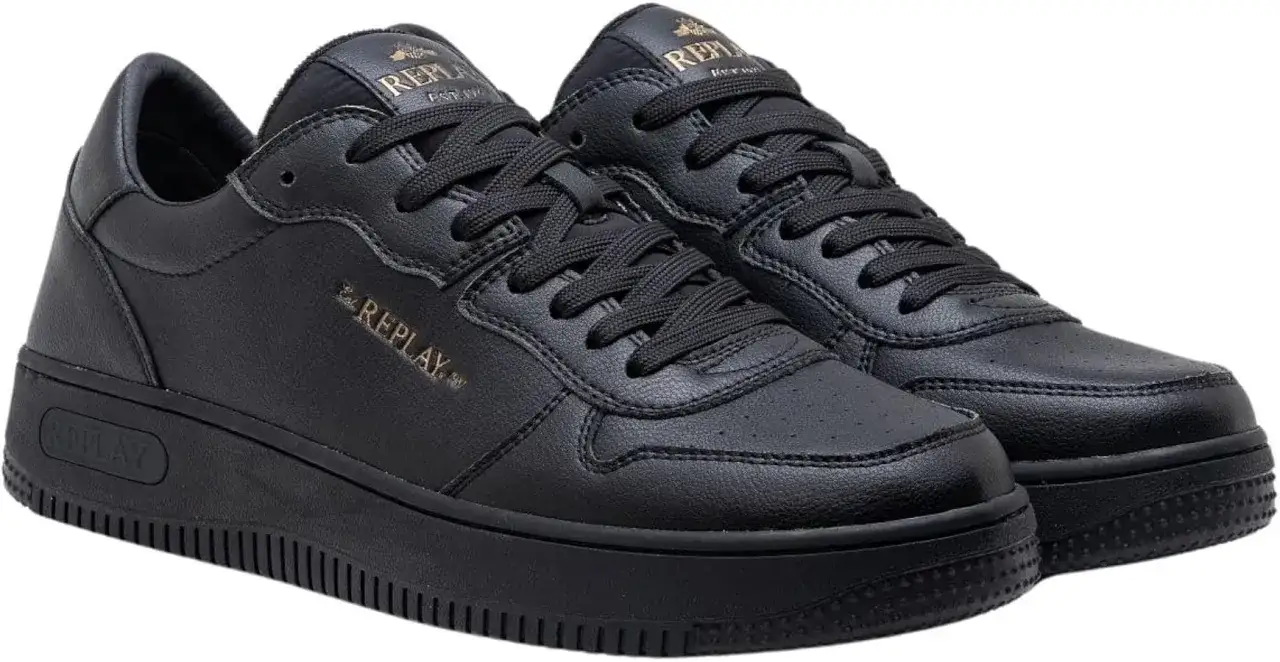 Scarpe Replay uomo nere in pelle, con lacci e logo dorato. Perfette per un look casual e alla moda.
