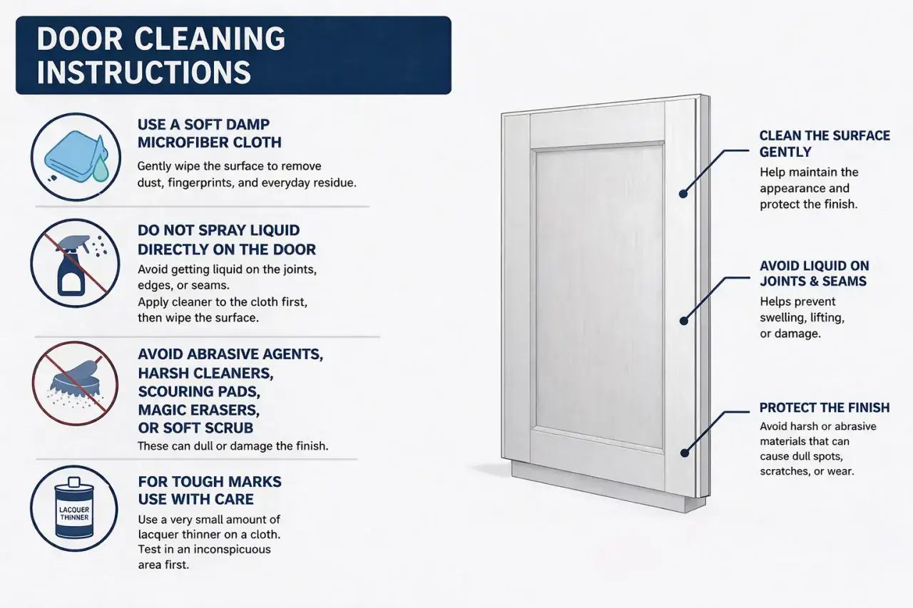 Instrucciones para saber como limpiar puertas lacadas en blanco: usa paño húmedo, evita rociar líquido directamente y no uses abrasivos.