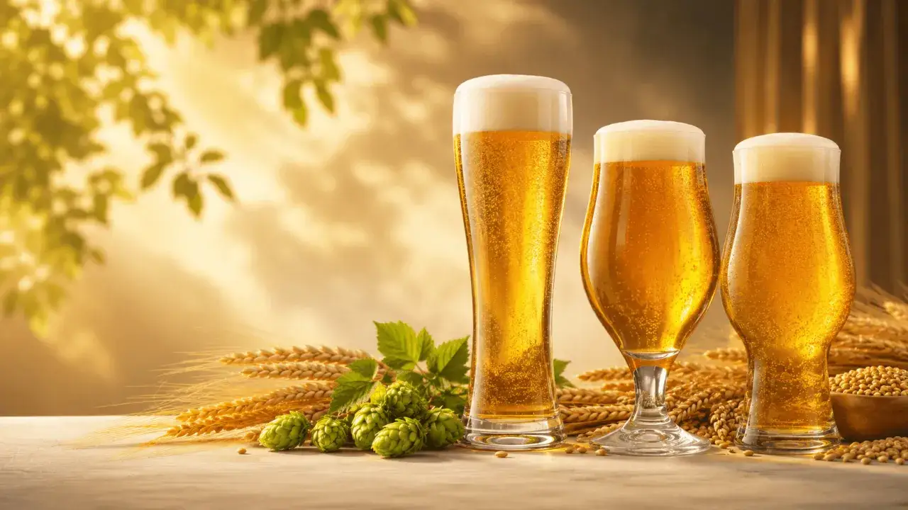 Trois verres de bière dorée, mousseuse, avec du houblon et des épis de blé. L'IPA, signification d'une bière artisanale.