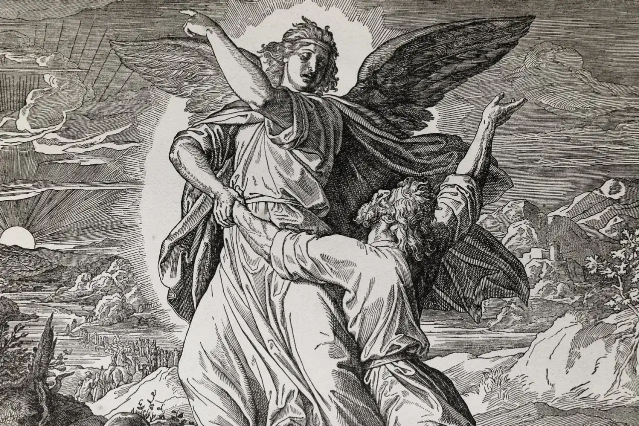 An angel wrestles with Jacob, who clings to him, perhaps seeking a blessing. This scene illustrates why Jacob wrestled with God.