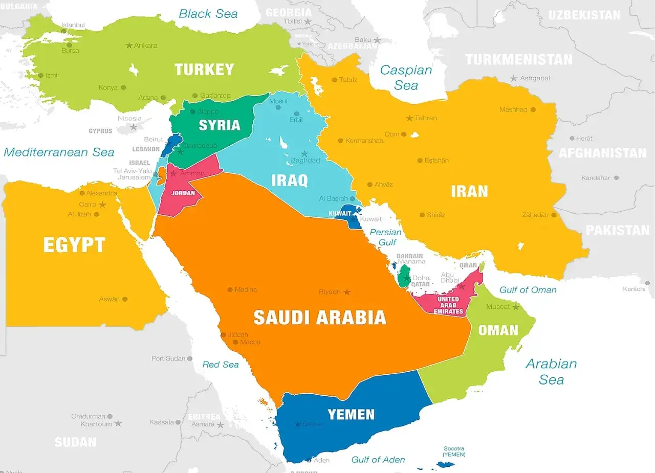 Mapa polityczna Bliskiego Wschodu: kraje takie jak Egipt, Izrael, Jordania, Syria, Irak, Arabia Saudyjska, Jemen, Oman, ZEA, Katar, Bahrajn, Kuwejt, Iran i Turcja.