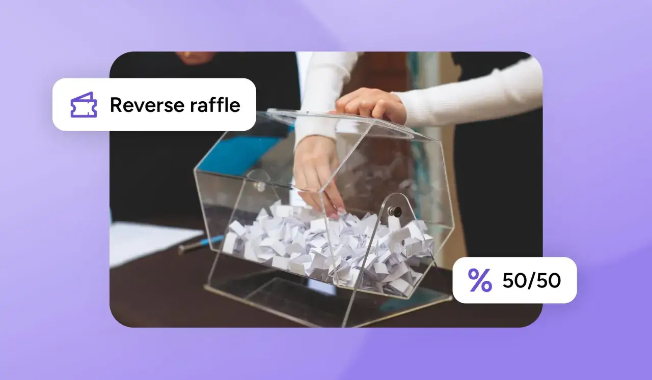 Hands drawing slips from a clear box filled with paper, suggesting fundraising raffles and a 50/50 draw.