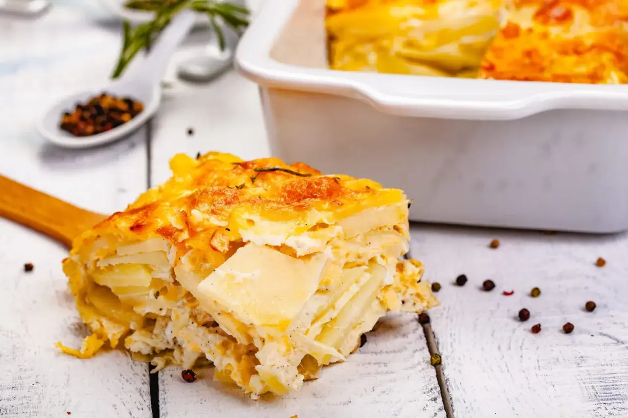 Un gratin dauphinois onctueux, comme celui de Cyril Lignac, servi sur une pelle en bois. Des grains de poivre pars&egrave;ment la table.